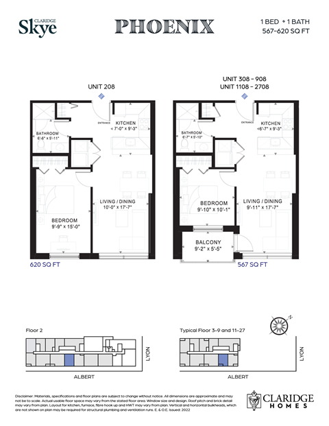 Floor plan for 1 bed, 1 bath, 567 sqft